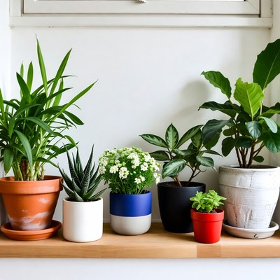 Variety of houseplants on wooden shelf