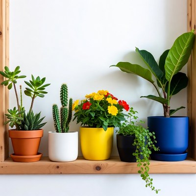 Potted Plants on Wooden Shelf
