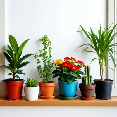 Variety of houseplants on wooden shelf