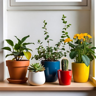 Colorful potted plants on windowsill
