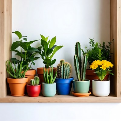 Variety of potted plants on shelf