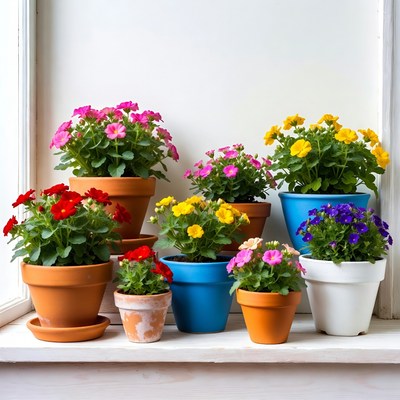 Colorful Flowers in Assorted Pots on Windowsill