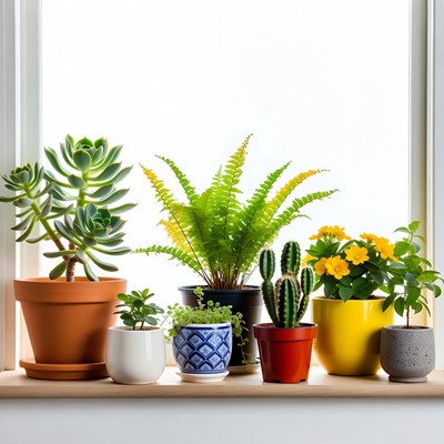 Variety of houseplants on windowsill