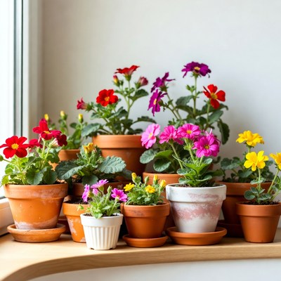 Colorful Potted Flowers on Windowsill
