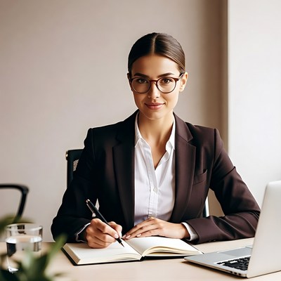 Woman writing in notebook at desk