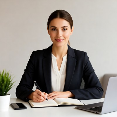 Woman writing in notebook at desk
