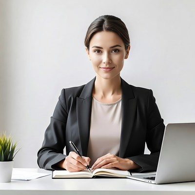 Woman writing in notebook at desk