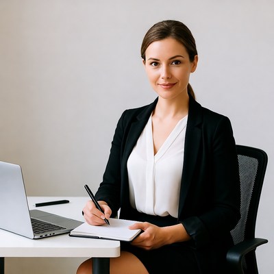 Woman writing in notebook at desk