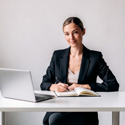 Woman writing in notebook at desk
