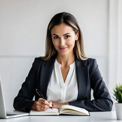 Woman writing in notebook at desk