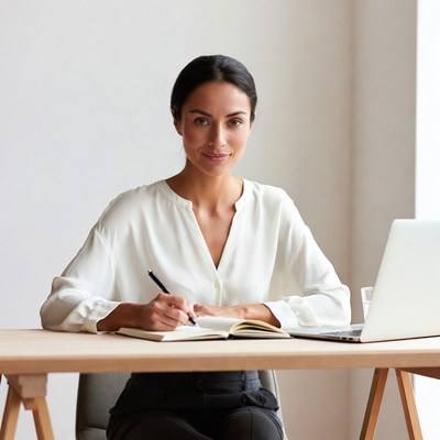Woman writing in notebook at desk