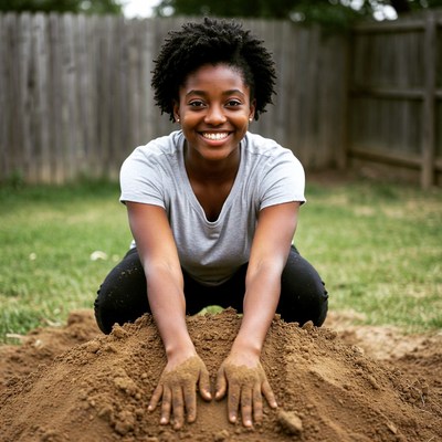 African-American woman playing in dirt pile