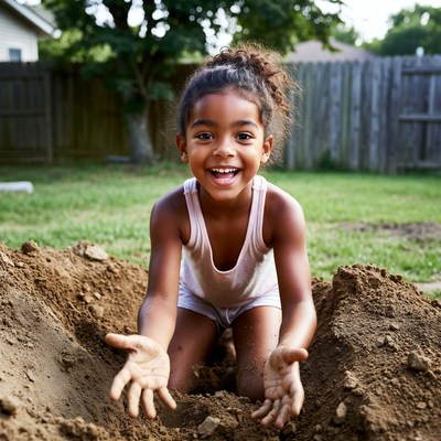African-American girl digging in backyard dirt