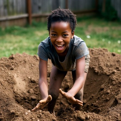 African-American girl digging in backyard dirt