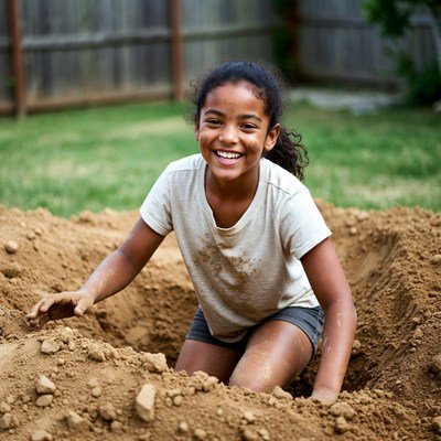 Girl digging in dirt backyard