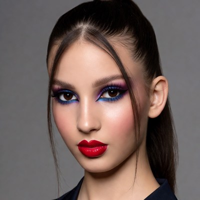 Woman with bold blue eyeshadow and red lips