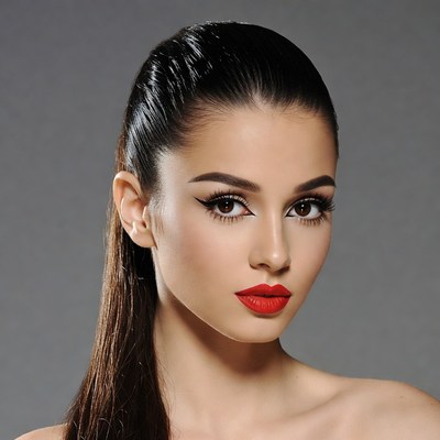 Woman with sleek ponytail red lips
