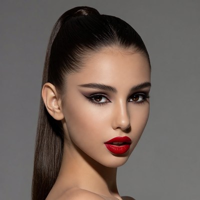 Woman with ponytail and red lips