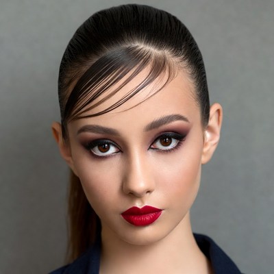 Woman with sleek ponytail and red lipstick
