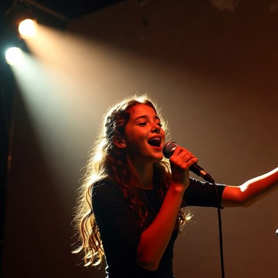 Girl singing with microphone on stage