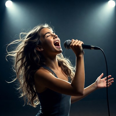 Woman singing passionately with microphone