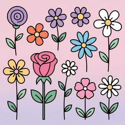 Colorful Flowers Illustration on Pink Background