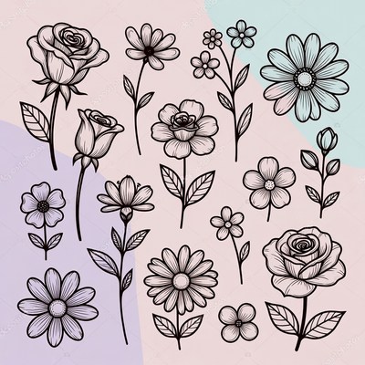 Assortment of Outline Flowers Illustration