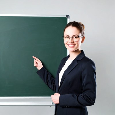 Female teacher pointing at whiteboard