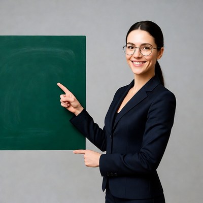 Woman pointing at green chalkboard