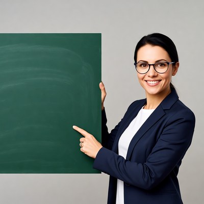 Smiling woman pointing at green chalkboard