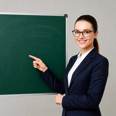 Woman teacher pointing at whiteboard