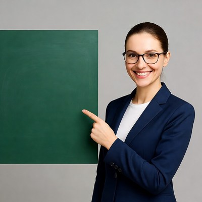 Woman pointing at green chalkboard