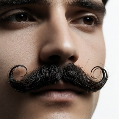 Man with curly mustache close-up