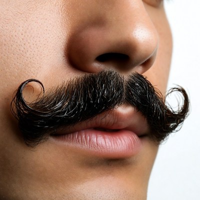 Man with curly mustache close-up