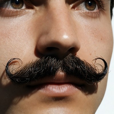 Man with curly mustache close-up
