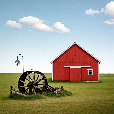 Red Barn with Water Wheel