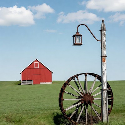 Red Barn with Wagon Wheel and Lantern