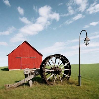 Red Barn with Wagon Wheel and Lamp
