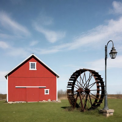 Red Barn with Water Wheel
