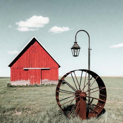 Red Barn with Wagon Wheel and Lantern