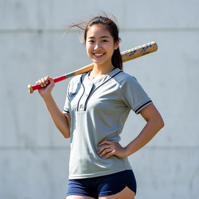 Asian girl holding baseball bat
