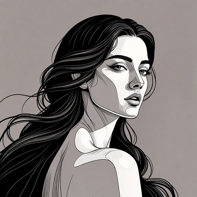 Woman with flowing black hair illustration