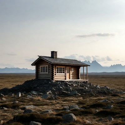 Log Cabin on Rocky Hill with Mountains