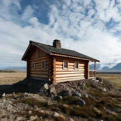 Log Cabin on Rocky Plain with Mountains