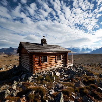 Log cabin on rocky mountain tundra