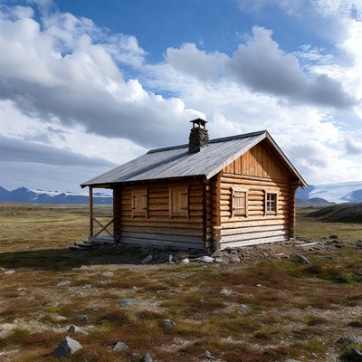 Log cabin in snowy mountains