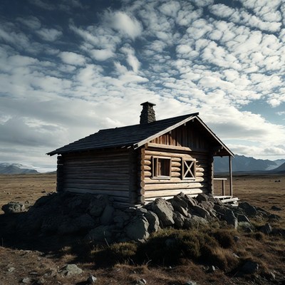 Log Cabin on Rocky Plain with Mountains