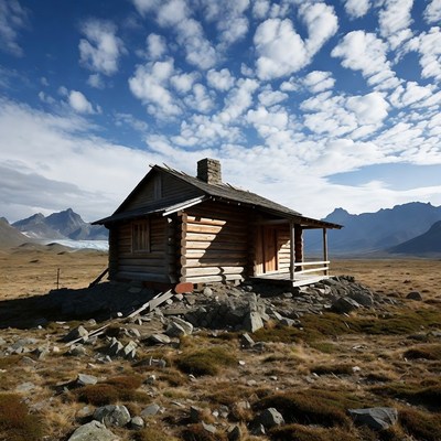 Log Cabin in Mountain Landscape