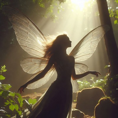 Fairy with wings in enchanted forest