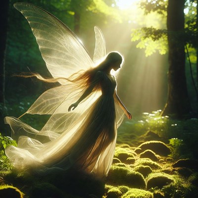 Fairy with translucent wings in forest
